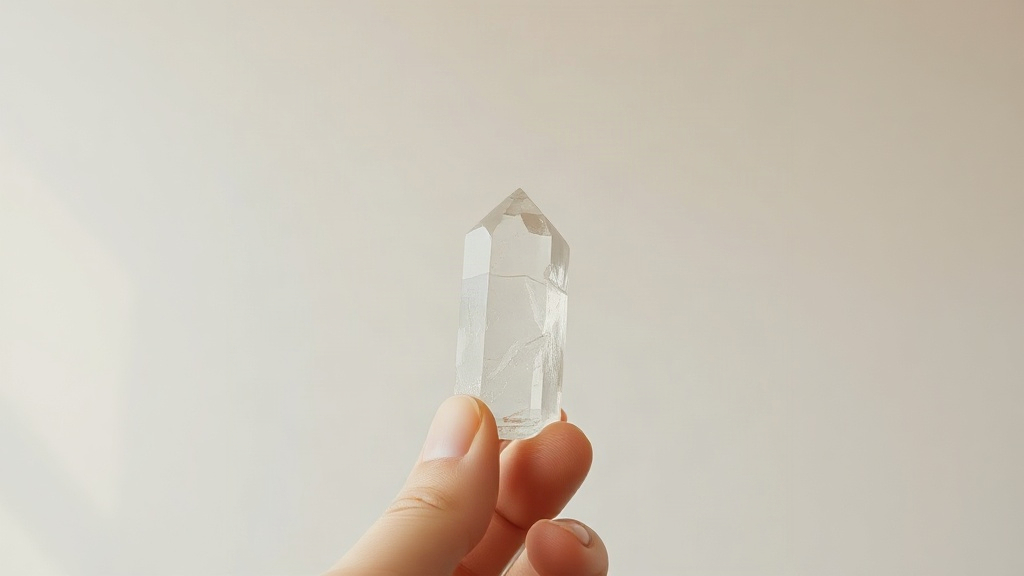 A clear quartz point held to the light, showing the geometric form that defines the types of crystals
