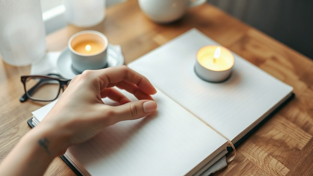A hand setting a rose quartz crystal on a notebook by a candle, using crystals as a focus for intention