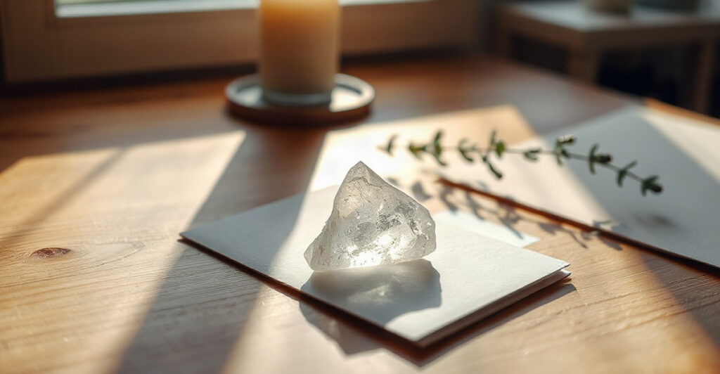 A clear quartz point on a written card by a candle, set up for crystal manifestation