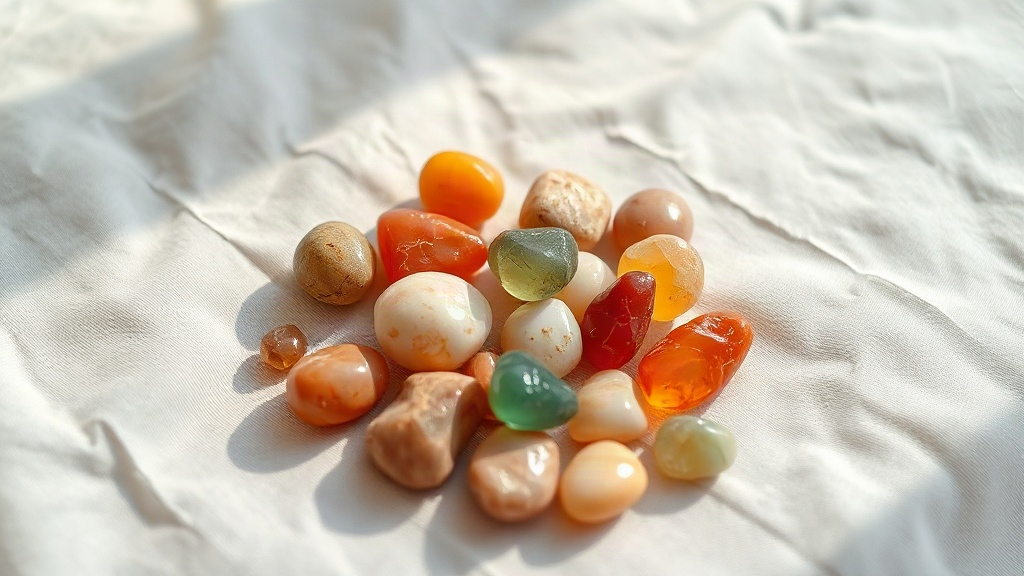 Tumbled citrine, rose quartz, carnelian and aventurine on cloth, crystals chosen for manifestation goals