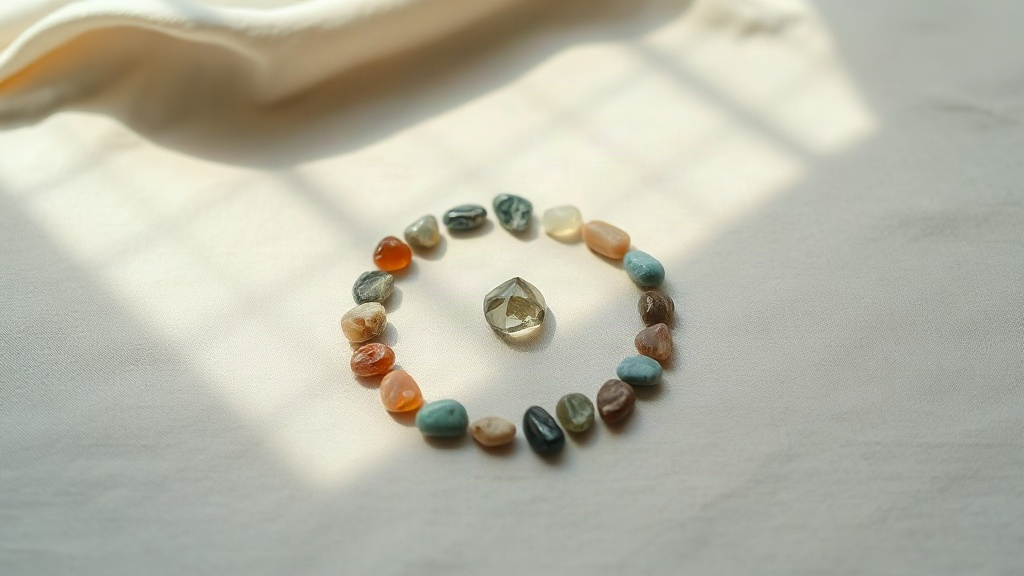 Small stones arranged in a circle around a central crystal, a manifestation grid layout