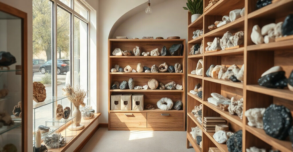 A tidy crystal store interior with wooden shelves of natural stones in soft window light