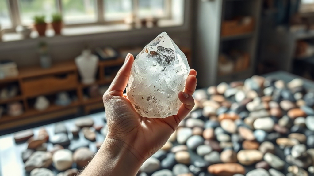 A hand inspecting a raw crystal in the light at a crystals store table