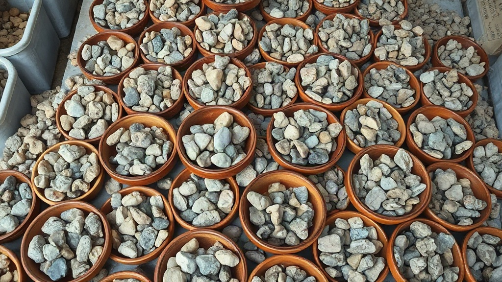 Tumbled crystals sorted into bowls at a gem and mineral show table