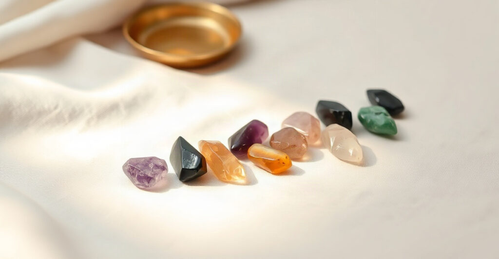 A row of small polished tumbled crystals on linen in morning light, the best crystals to carry daily