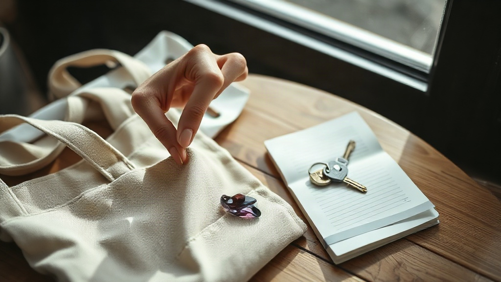 A hand drawing a small amethyst tumbled stone from a bag pocket, a crystal carried daily for calm