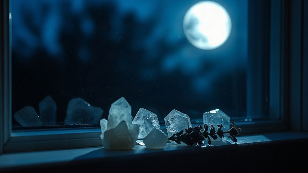 Crystals cleansing in full moonlight on a windowsill at night beside dried lavender