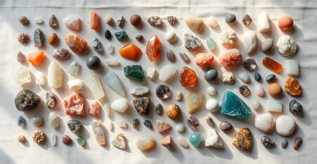 A tidy grid of many different types of crystals in varied colors and shapes on linen