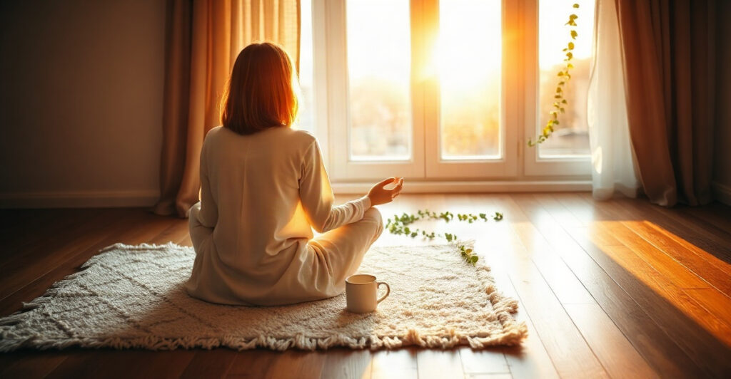 Woman sitting by a sunlit window at sunrise with a cup of tea, quietly saying her daily affirmations for women