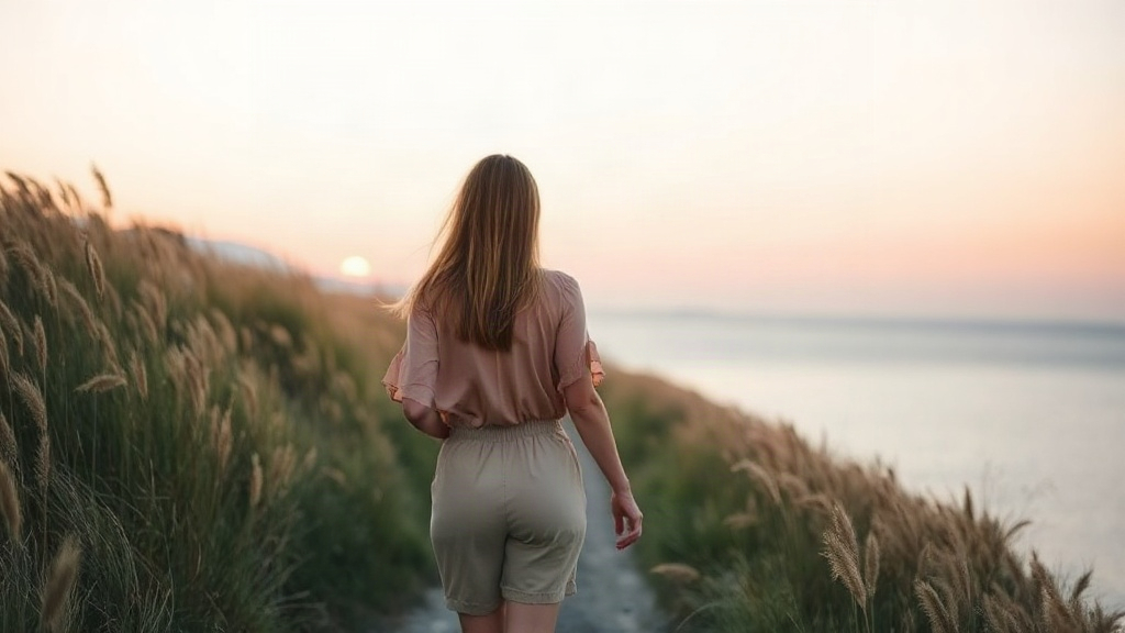 Morning Affirmations for Women Woman walking a coastal path at golden hour, carrying her morning affirmations for women into the day
