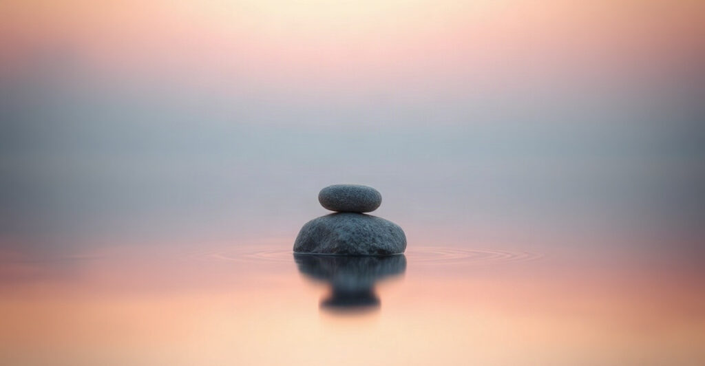 A stone poised on still water at dawn, a calm image for a definition of the law of attraction