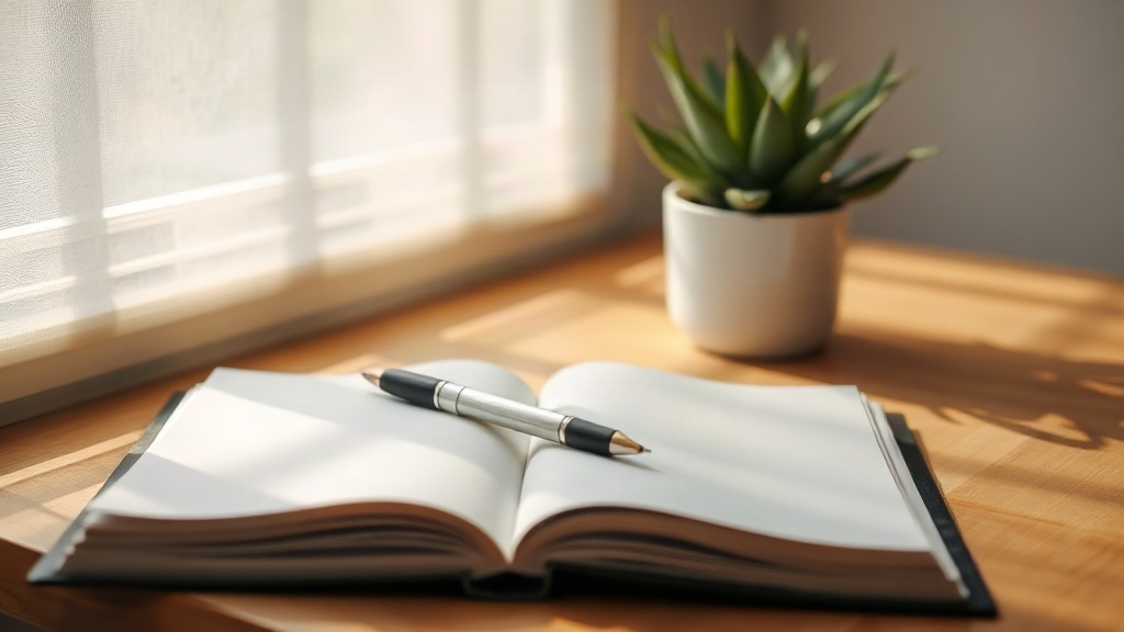 An open notebook and pen on a sunlit desk, for practicing the law of attraction day to day
