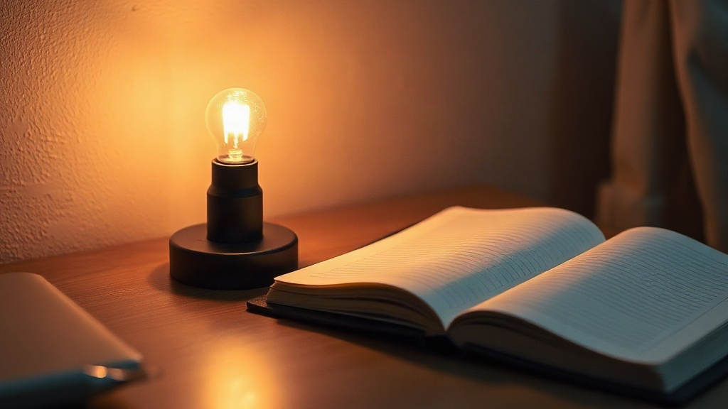 A desk lamp lighting a closed notebook at dusk, reflecting on why manifestation feels like it works