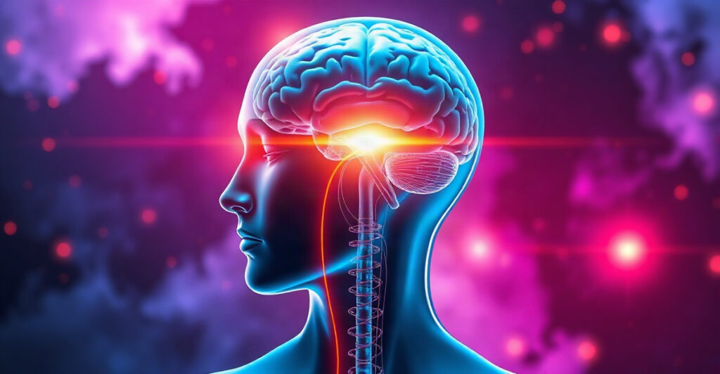 3D render of red pain signals meeting a golden burst in the brain, showing how pain can release dopamine and fuel the drive to manifest goals