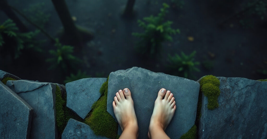 Bare feet on stone and moss showing an earth magic grounding practice in a misty forest