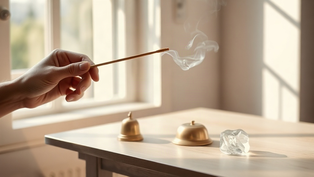 Air Element Altar Incense smoke, a bell and clear quartz on an air element altar for clarity and communication