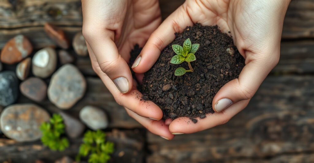 Hands holding soil and a seedling representing the element of earth meaning, grounding and stability