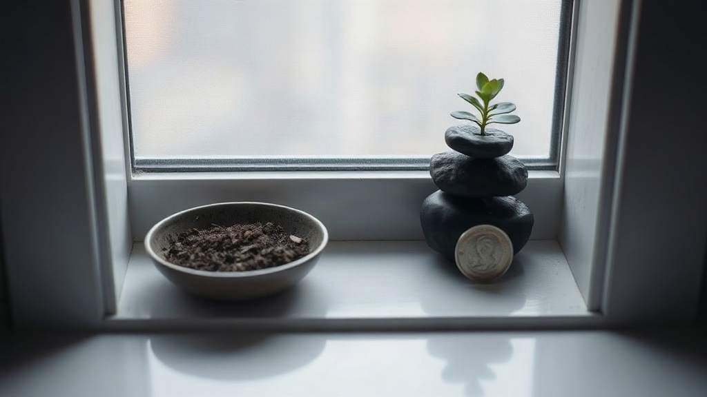 A simple earth element altar with soil, stones, a plant and a coin for stability and abundance