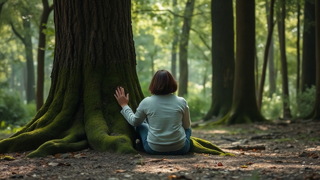A person grounding by sitting against a tree, connecting with the earth element in a forest