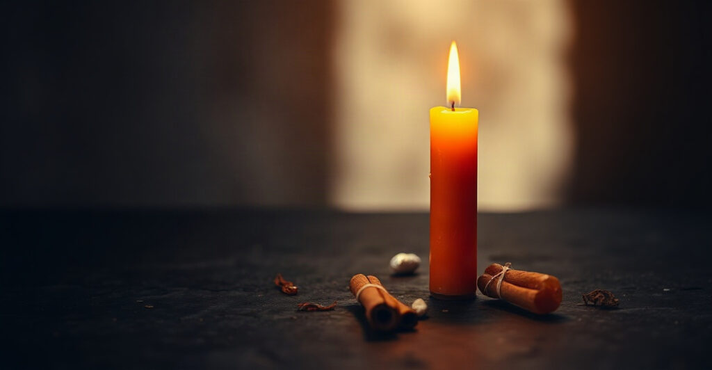 A burning orange candle with cinnamon and carnelian representing the element of fire for manifestation