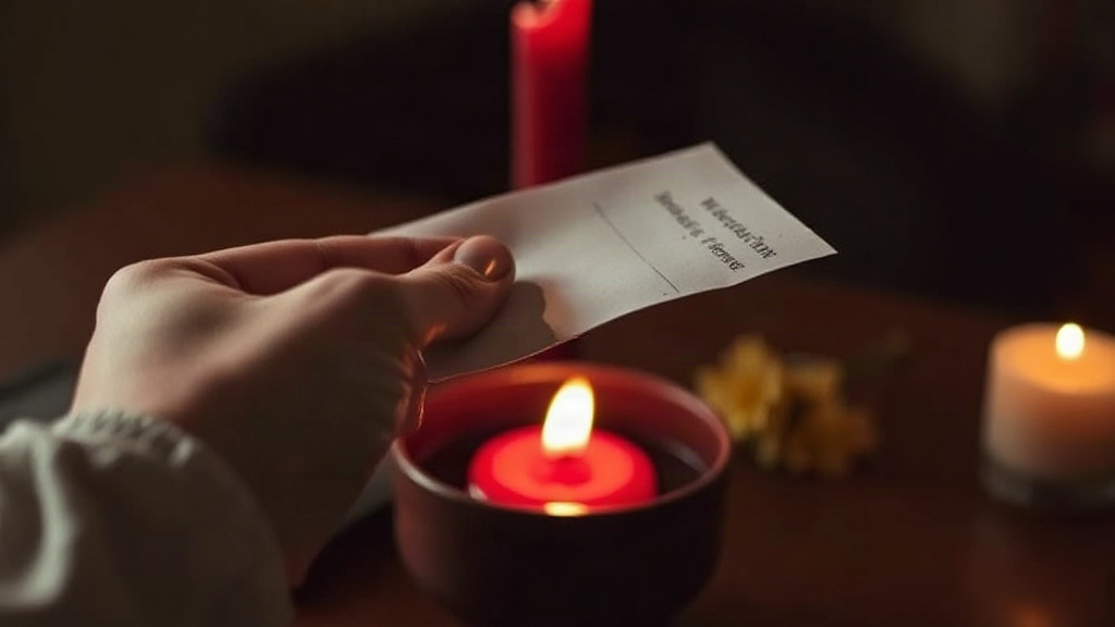 Burning A Petition A hand burning a written petition in a red candle flame as a fire manifestation ritual