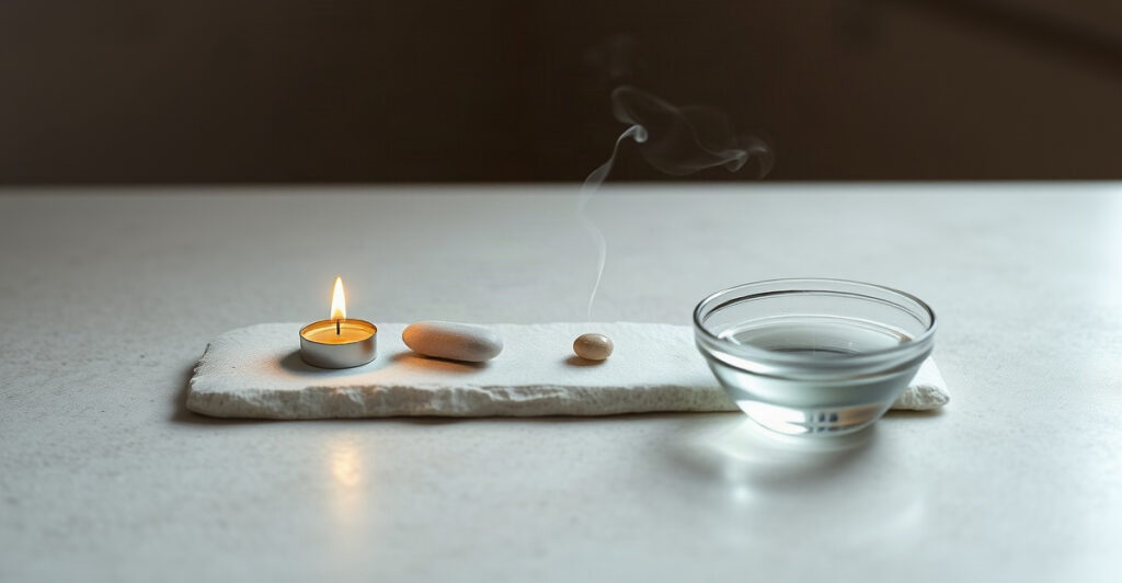 A candle, pebble, incense smoke, and bowl of water in a row, representing the four zodiac element signs