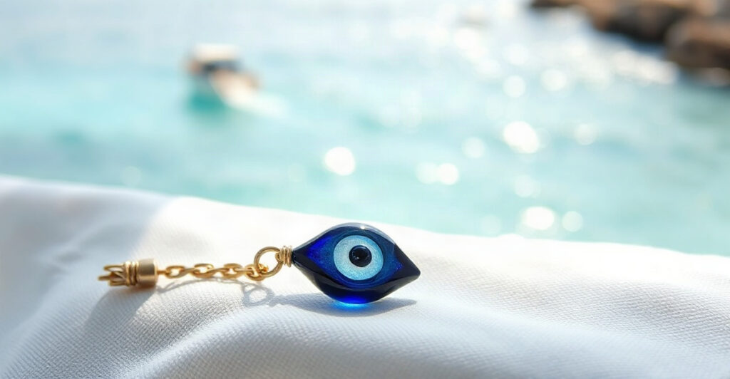 A deep blue glass nazar evil eye amulet on white linen in Mediterranean sunlight, the classic evil eye protection talisman