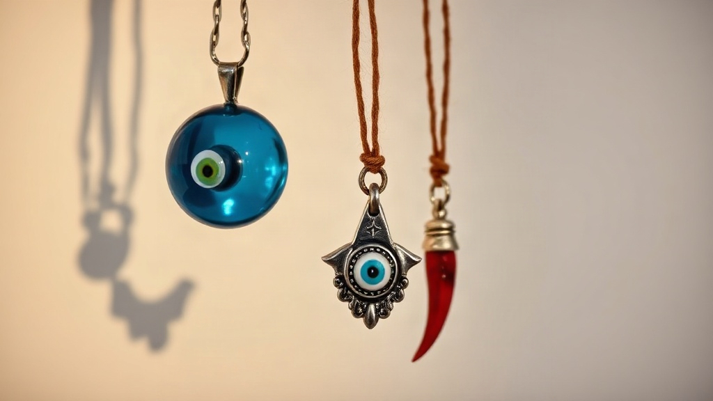A blue nazar, silver hamsa hand and red horn charm hanging together, evil eye protection talismans from different traditions