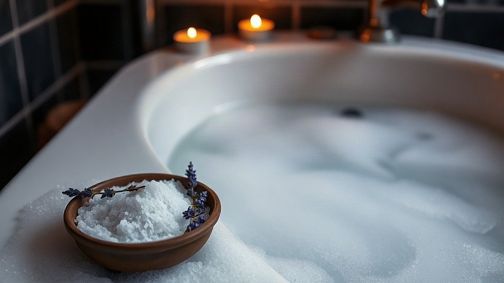 Coarse sea salt, lavender and candles beside a steaming bath, a traditional evil eye cleansing ritual