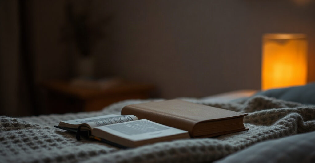 A small book on a blanket by a bedside lamp at night, evoking Feeling Is the Secret by Neville Goddard