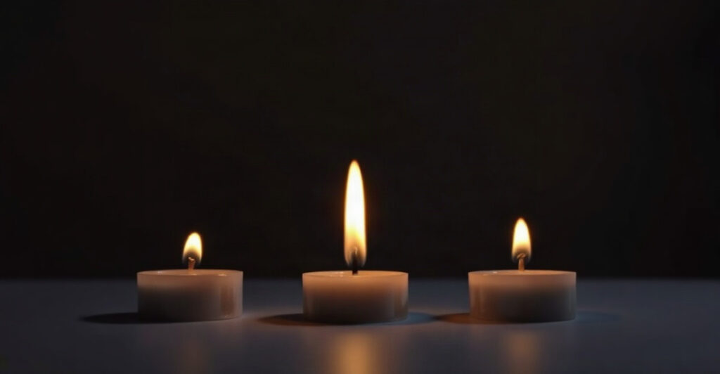 Three candle flames in a row, representing the three fire signs of the zodiac