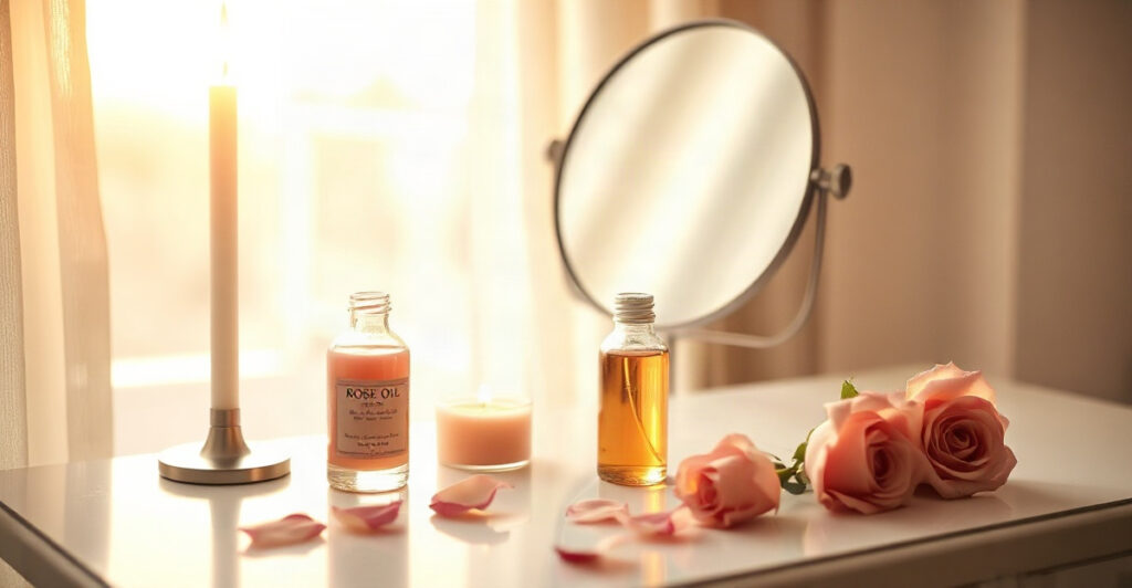 A candlelit mirror with rose oil, rose quartz and petals set up for a glamour magic ritual