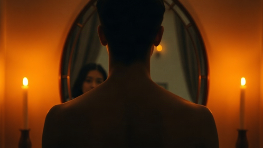 A person meeting their own eyes in a candlelit mirror during a glamour self-love ritual