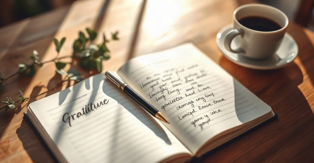 An open gratitude journal in morning sunlight with coffee and eucalyptus, the 30-day gratitude journal challenge