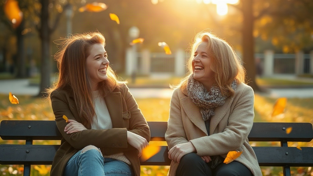 Two friends laughing on a sunlit park bench, people-focused gratitude week
