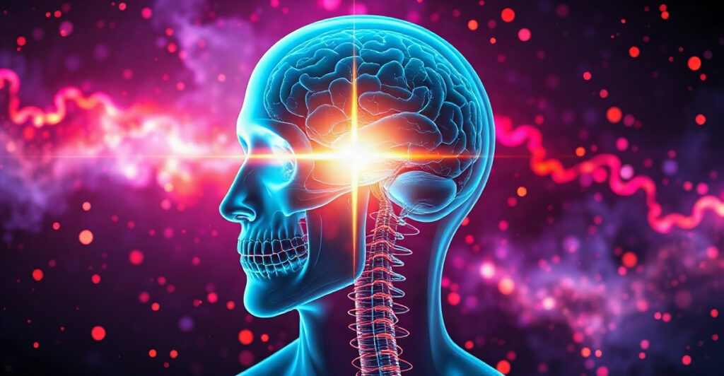 Semi-transparent 3D render of a human brain and nervous system with a glowing white-gold flare, illustrating tiny habits that rewire your brain