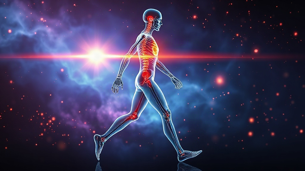 Glowing 3D anatomical render of a walking human figure with visible skeleton and nervous system, showing how a daily brisk walk rewires your brain