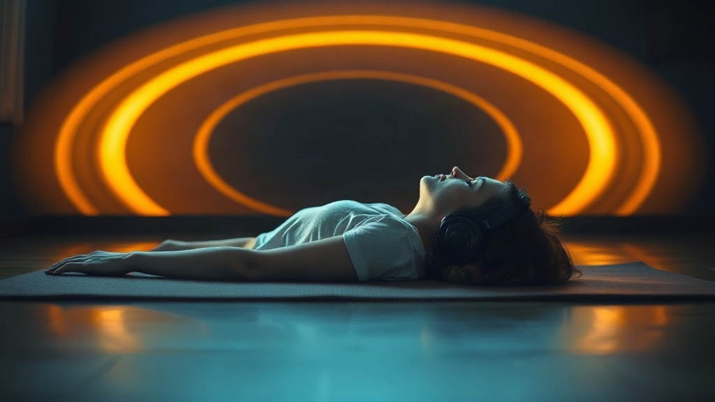 Listening to Solfeggio Frequencies A person resting with headphones as golden sound ripples fill a calm room, listening to solfeggio healing frequencies