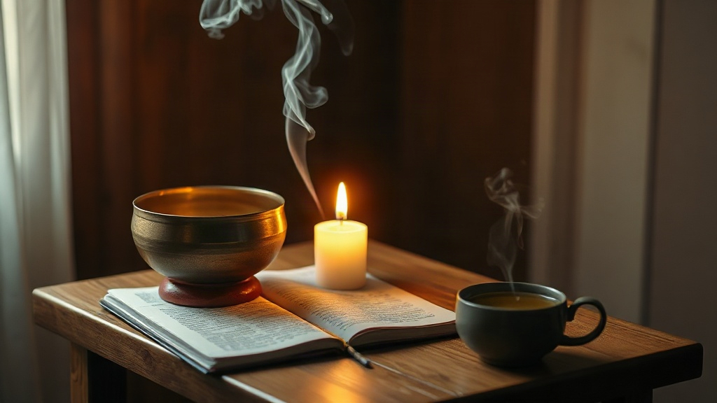 Healing Frequency Rituals A candlelit meditation corner with a singing bowl and journal, a daily ritual for using healing frequencies