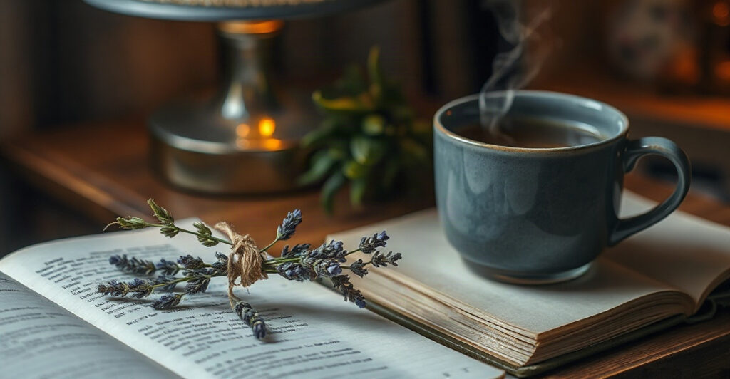 Dried mugwort and lavender bundle beside a cup of herbal tea used for manifestation dreaming