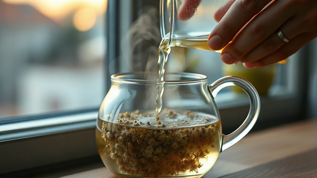 Chamomile Tea for Sleep Hands brewing chamomile tea as a calming dream herb for sleep before bed