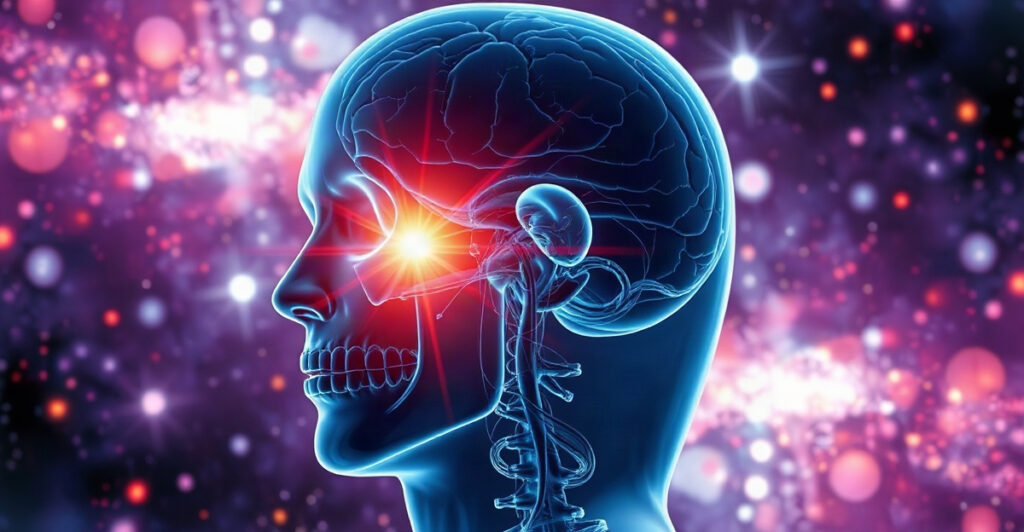 A translucent 3D medical render of a human head with a dimmed nervous system and one bright white gold flare rekindling in the brain, illustrating how burnout affects the brain and how it recovers