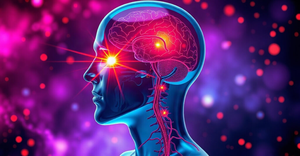 A translucent 3D medical render of a human head and torso with a glowing brain and a secondary glow at the adrenal glands, illustrating how cortisol affects the brain