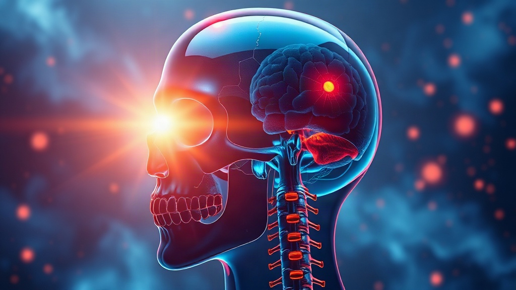 A close front-facing medical render of a glowing human brain with a white gold flare at its center, showing how the brain's fear alarm can settle after chronic stress eases