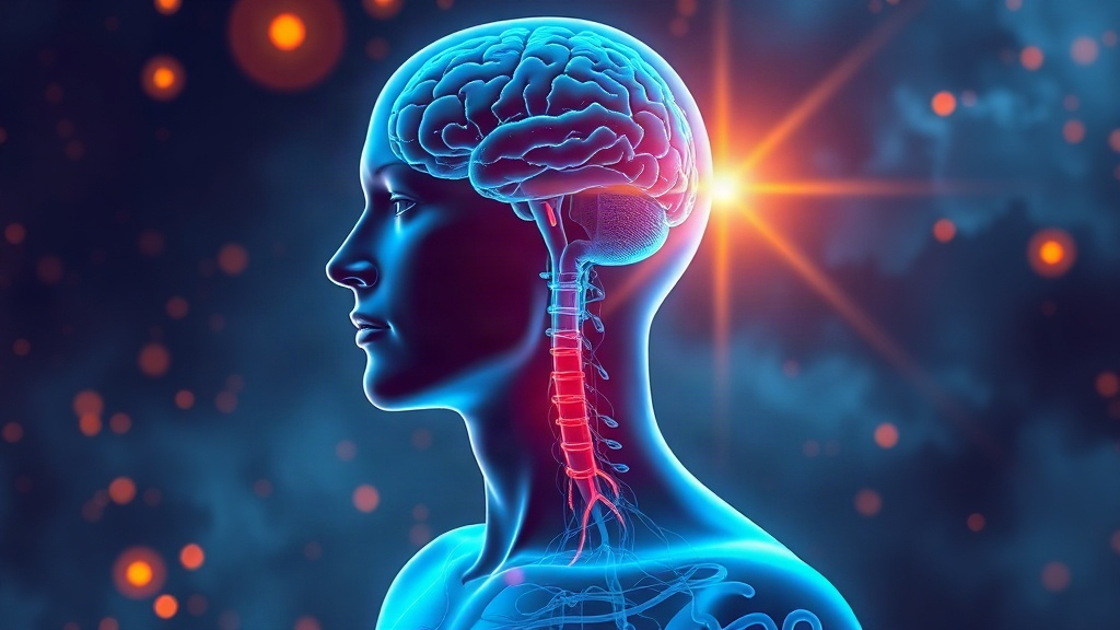 A glowing medical render of the brain and nerve pathways cascading into the torso, symbolizing the daily habits that lower cortisol and protect the brain over time