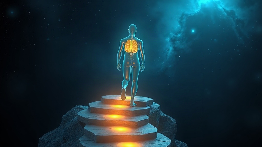 Figure climbing glowing stepping stones, showing how mastery experiences build self-belief and help you manifest goals