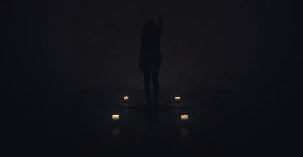 A person casting a circle marked by four candles on a wooden floor for protection and manifestation