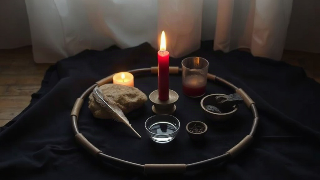 Four elemental objects marking the quarters of a cast circle: stone, feather, candle and water