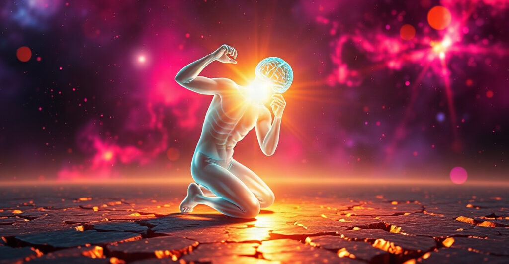 Glowing figure rising from one knee over cracked ground, showing how to deal with failure and keep going to manifest your goals