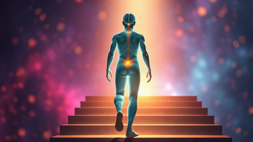 Figure stepping past a broken stair toward a glowing staircase, showing the steps to deal with failure and manifest your dreams